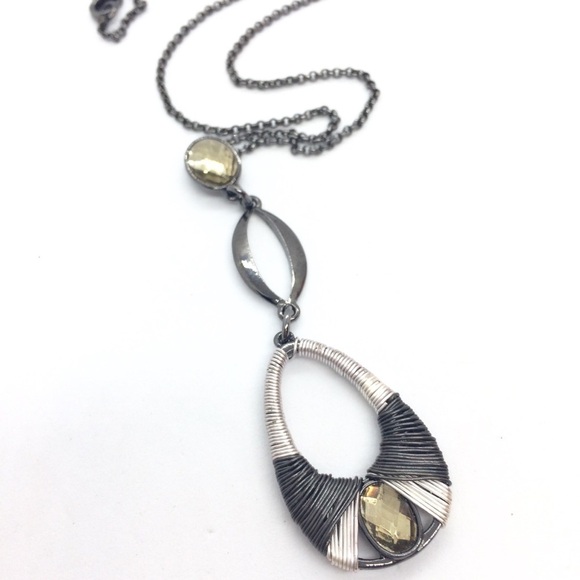 3/$30 NINE WEST GUNMETAL SILVER TONE WIRE WRAP YELLOW CRYSTAL PENDANT NECKLACE - Picture 7 of 12